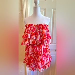 Boutique floral strapless dress with arm holes under ruffle, perfect for summer!